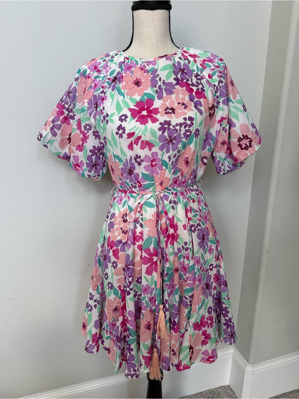 Fate Floral Tie-Waist Flutter Sleeve Dress in Pink, Purple & Mint